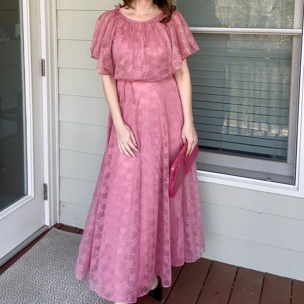Vintage 70s Pink Lace Boho Praire Maxi Dress, Coquette Union Made Size small